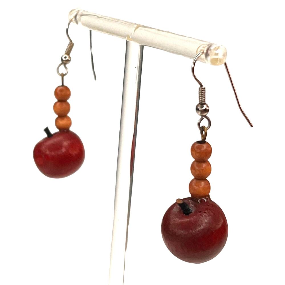 VIntage Wooden Apple Bead Pair of Pierced Dangle Earrings Country Style Teacher